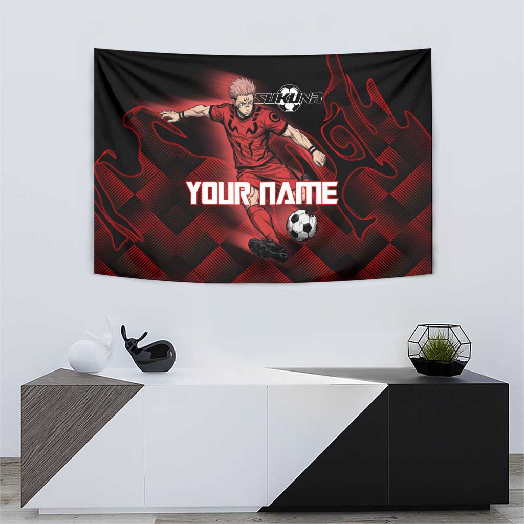 Personalized Sukuna Jujutsu Kaisen Soccer Theme Tapestry with Powerful Kick Pose and Red Black Plaid Graphic Design - The Mazicc