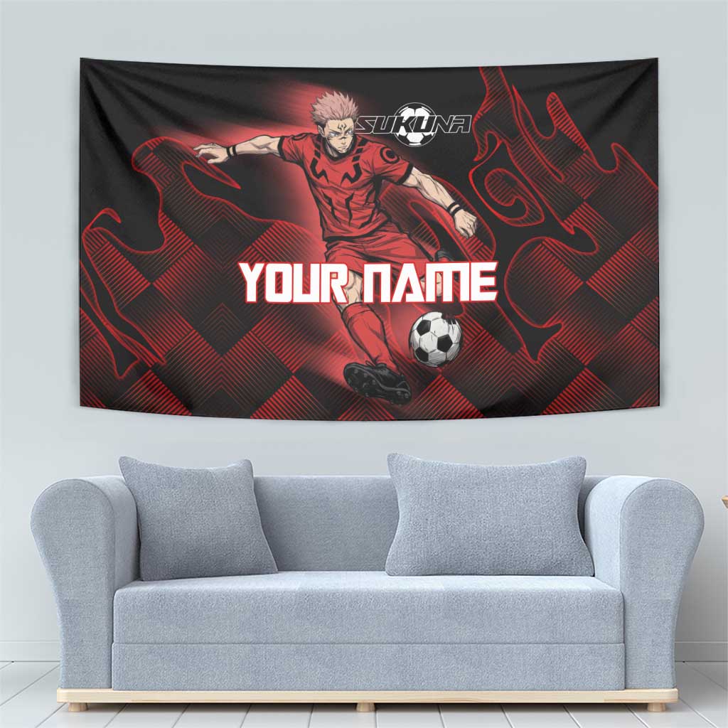 Personalized Sukuna Jujutsu Kaisen Soccer Theme Tapestry with Powerful Kick Pose and Red Black Plaid Graphic Design - The Mazicc