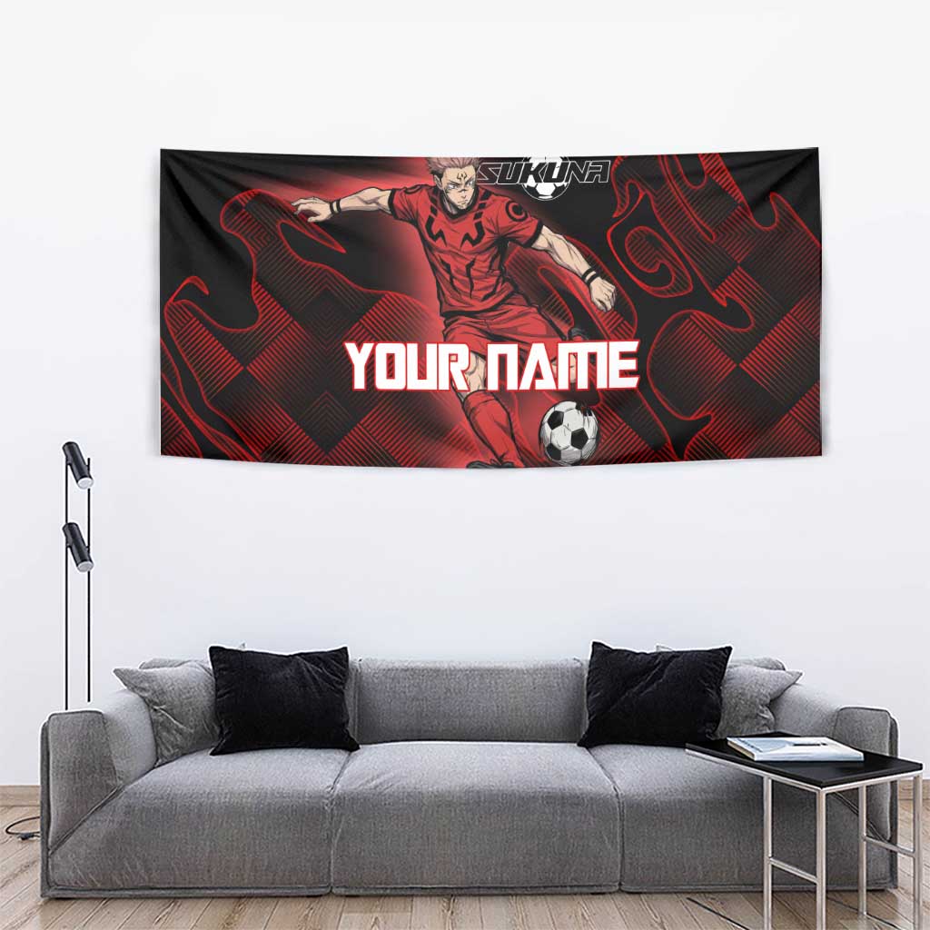 Personalized Sukuna Jujutsu Kaisen Soccer Theme Tapestry with Powerful Kick Pose and Red Black Plaid Graphic Design - The Mazicc