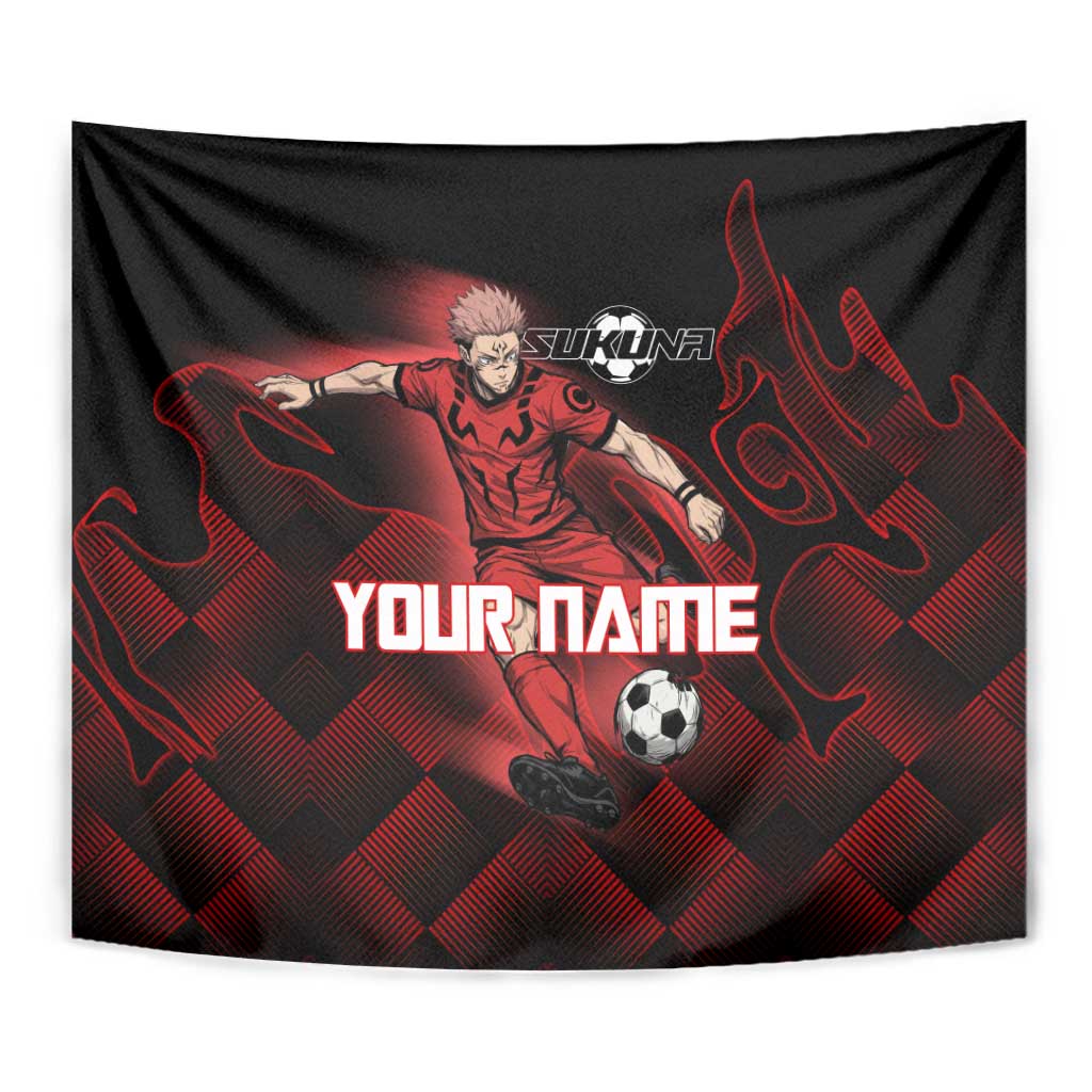 Personalized Sukuna Jujutsu Kaisen Soccer Theme Tapestry with Powerful Kick Pose and Red Black Plaid Graphic Design - The Mazicc