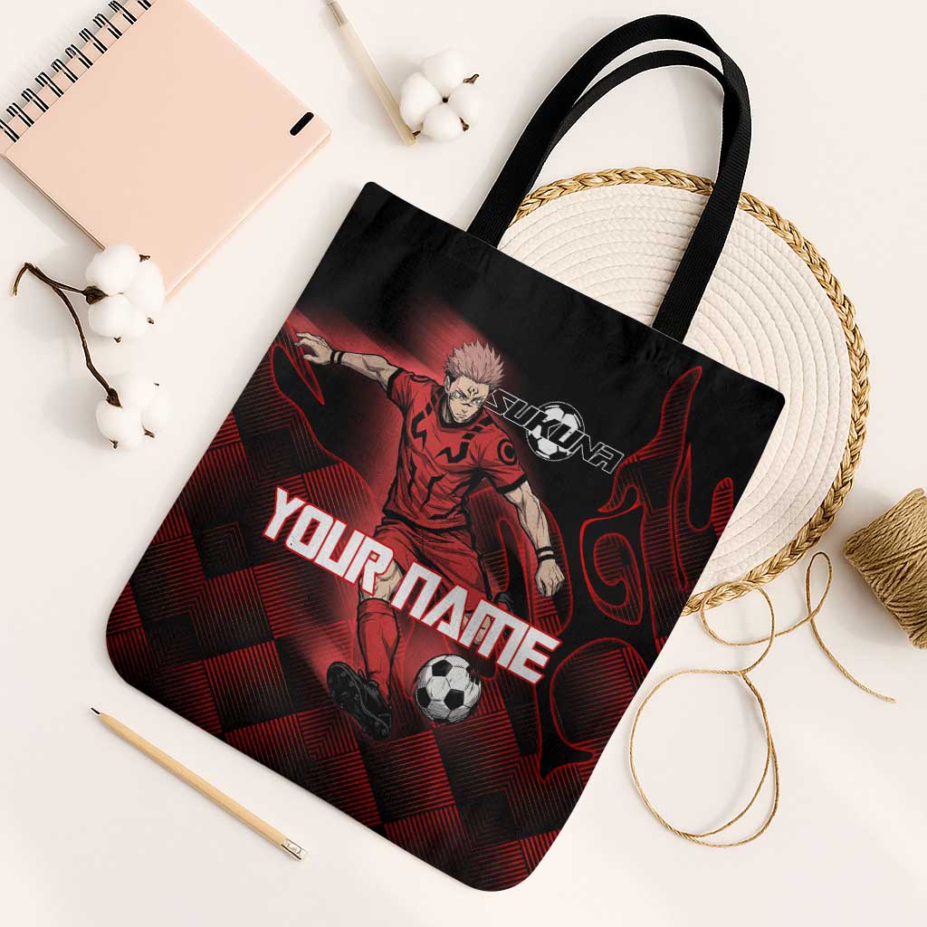 Personalized Sukuna Jujutsu Kaisen Soccer Theme Tote Bag with Powerful Kick Pose and Red Black Plaid Graphic Design - The Mazicc