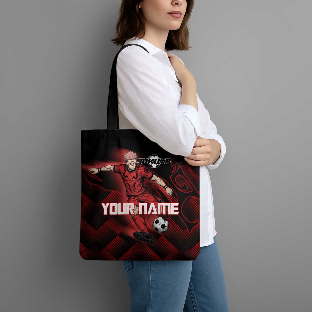 Personalized Sukuna Jujutsu Kaisen Soccer Theme Tote Bag with Powerful Kick Pose and Red Black Plaid Graphic Design - The Mazicc