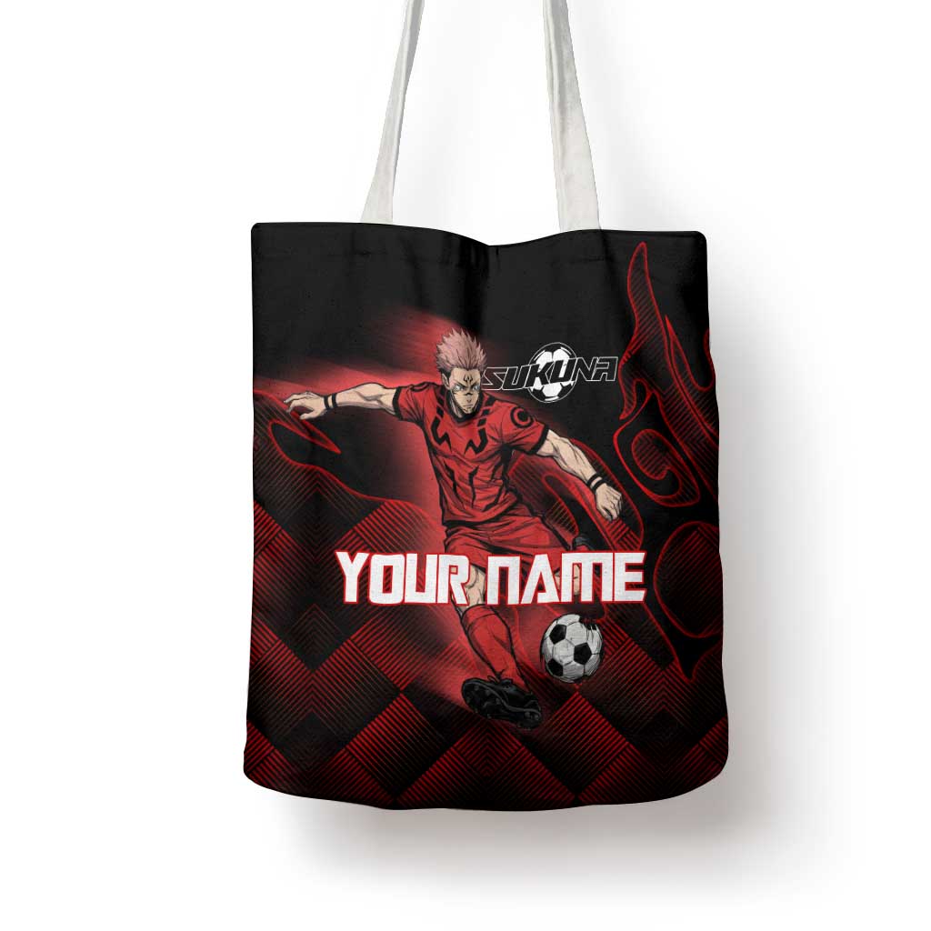 Personalized Sukuna Jujutsu Kaisen Soccer Theme Tote Bag with Powerful Kick Pose and Red Black Plaid Graphic Design - The Mazicc