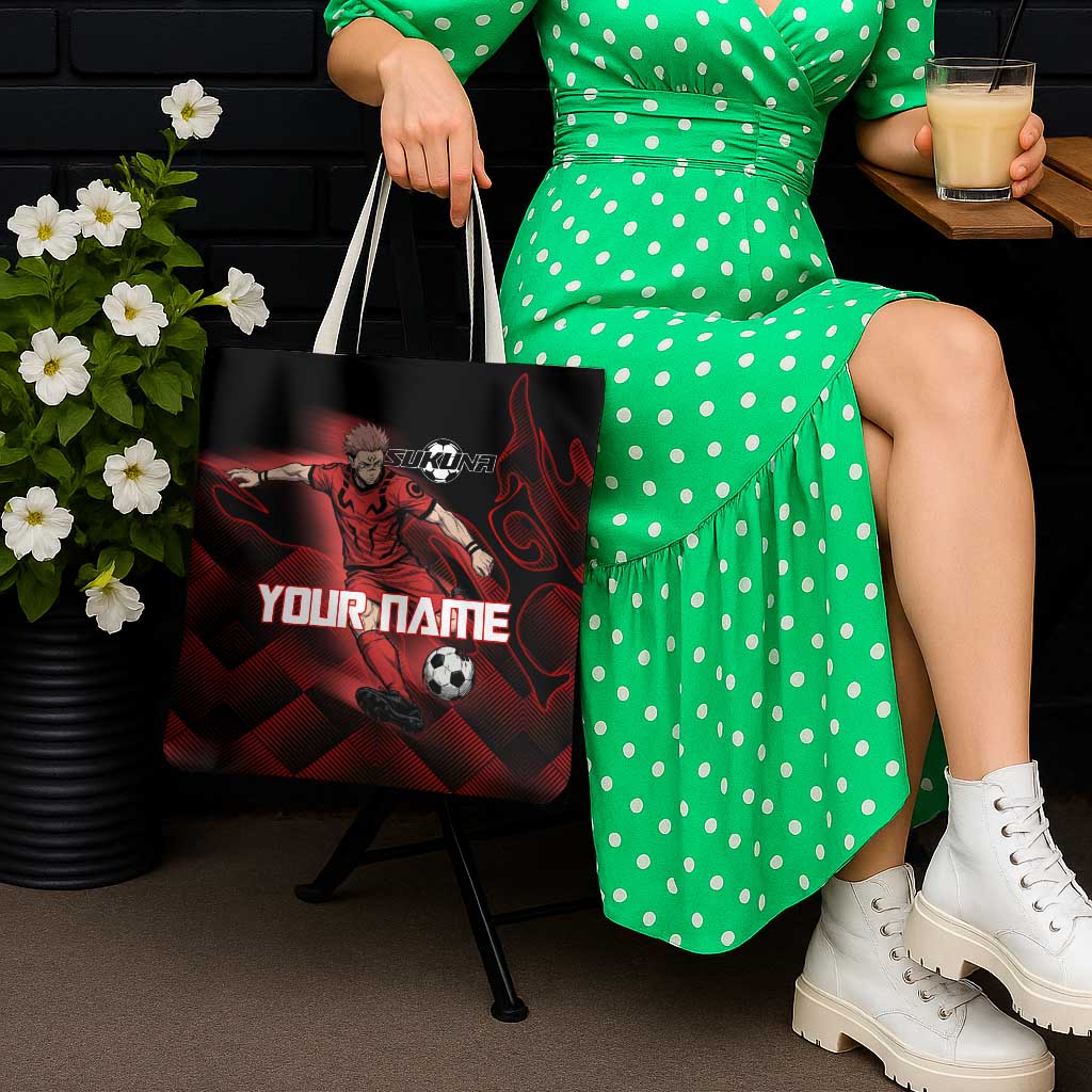 Personalized Sukuna Jujutsu Kaisen Soccer Theme Tote Bag with Powerful Kick Pose and Red Black Plaid Graphic Design - The Mazicc