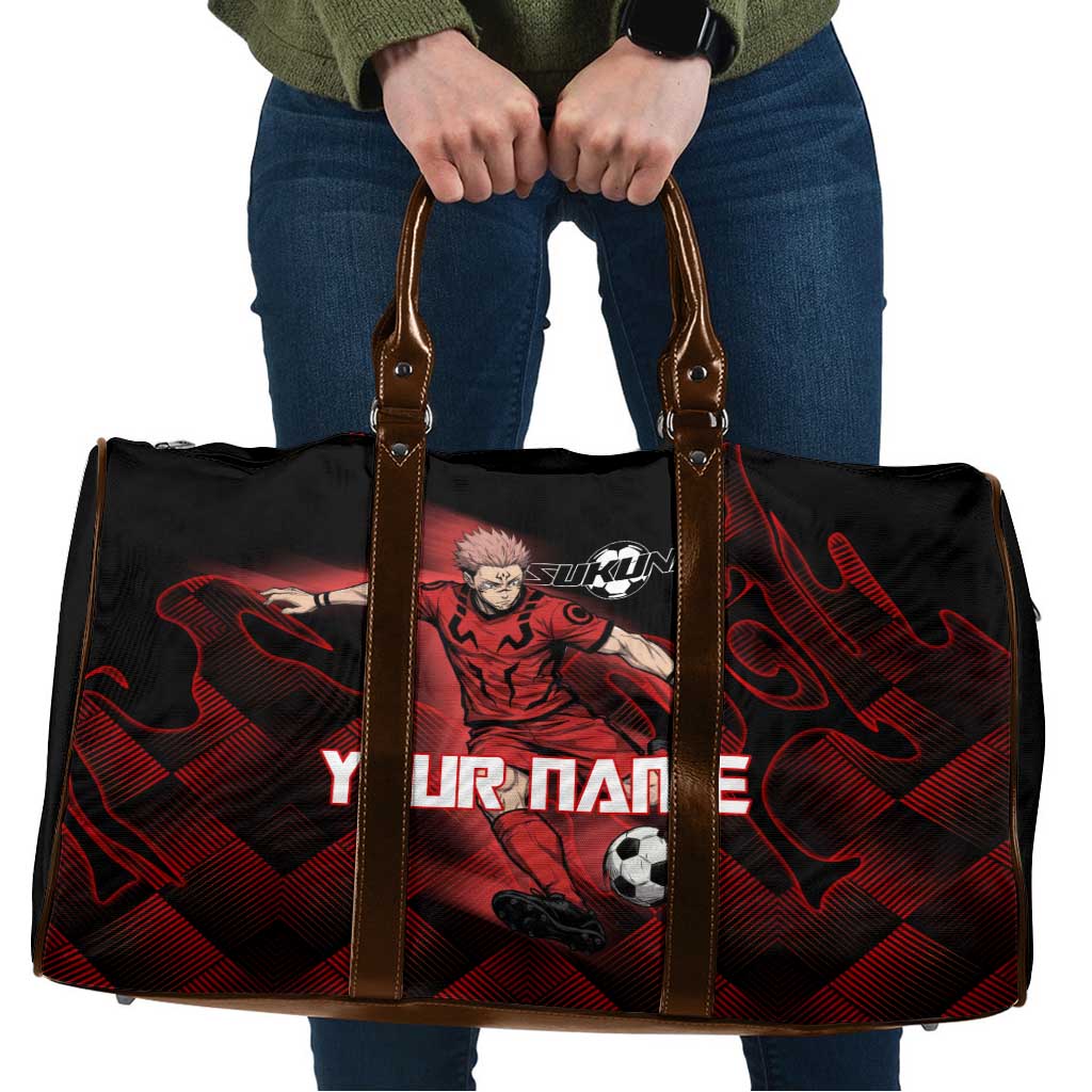 Personalized Sukuna Jujutsu Kaisen Soccer Theme Travel Bag with Powerful Kick Pose and Red Black Plaid Graphic Design - The Mazicc