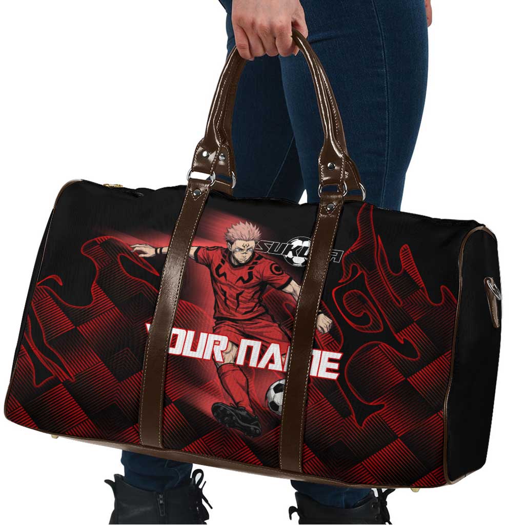 Personalized Sukuna Jujutsu Kaisen Soccer Theme Travel Bag with Powerful Kick Pose and Red Black Plaid Graphic Design - The Mazicc