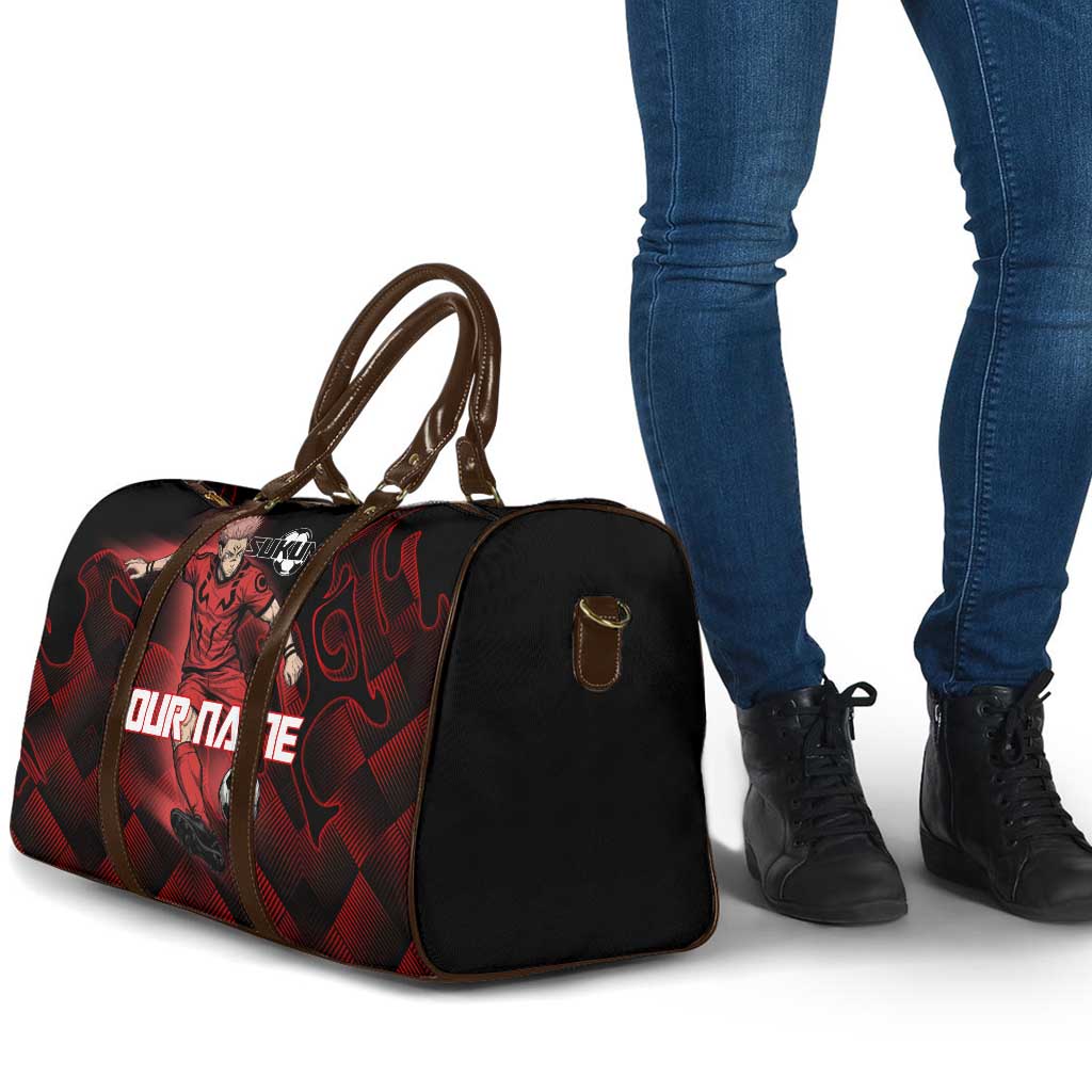 Personalized Sukuna Jujutsu Kaisen Soccer Theme Travel Bag with Powerful Kick Pose and Red Black Plaid Graphic Design - The Mazicc