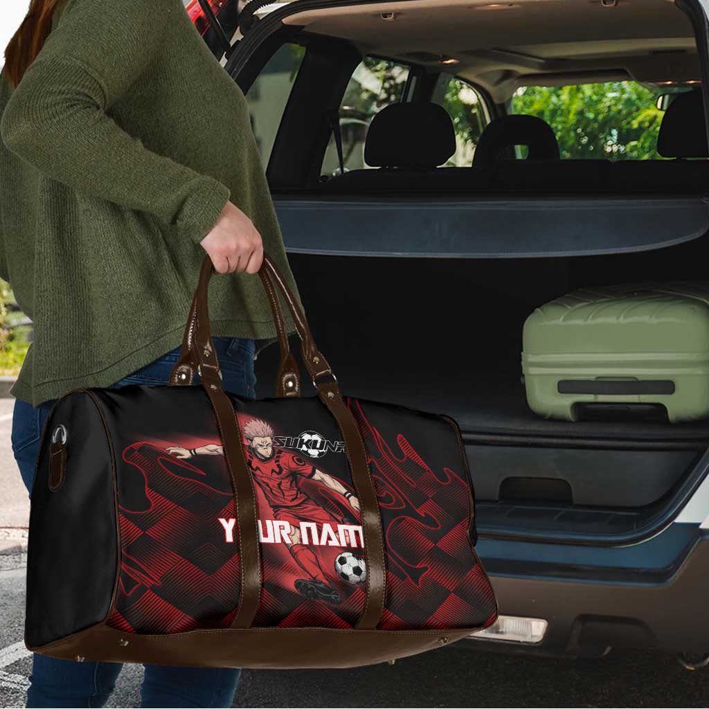 Personalized Sukuna Jujutsu Kaisen Soccer Theme Travel Bag with Powerful Kick Pose and Red Black Plaid Graphic Design - The Mazicc