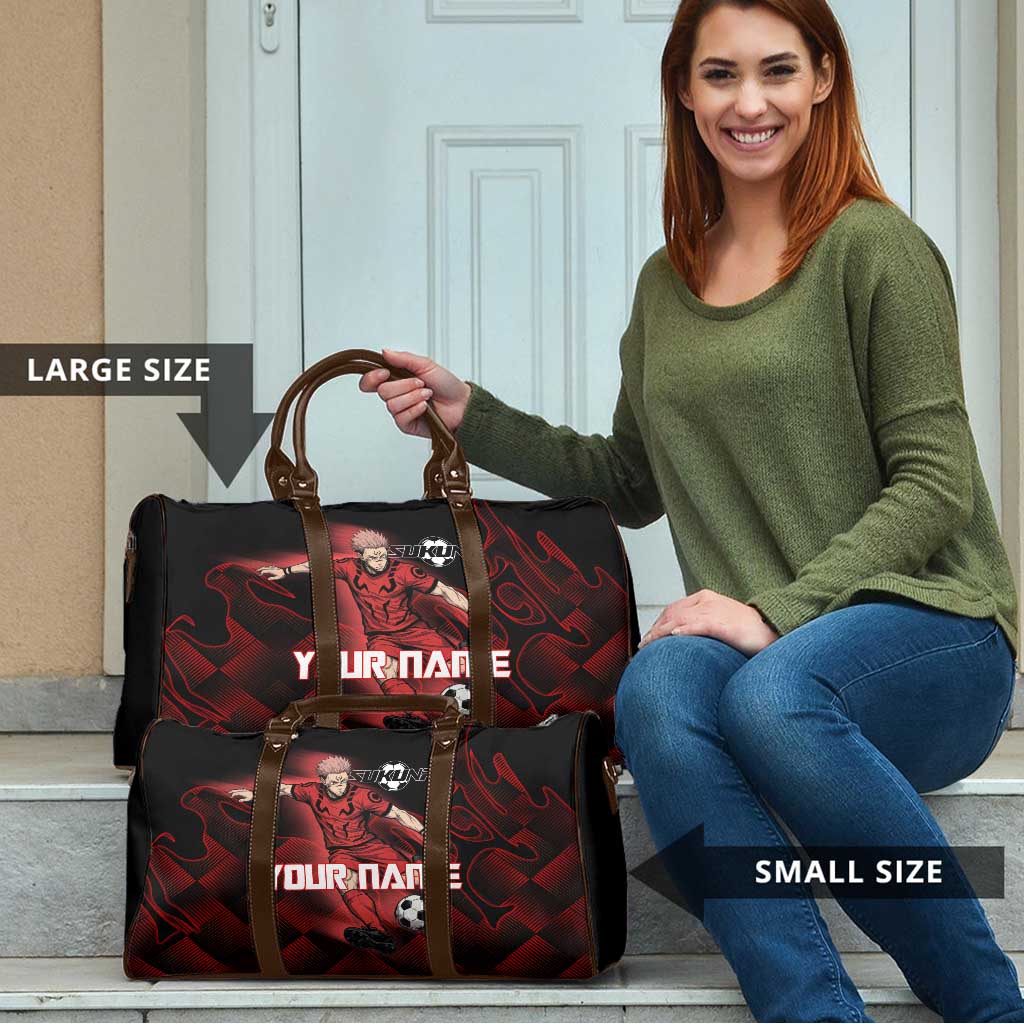 Personalized Sukuna Jujutsu Kaisen Soccer Theme Travel Bag with Powerful Kick Pose and Red Black Plaid Graphic Design - The Mazicc
