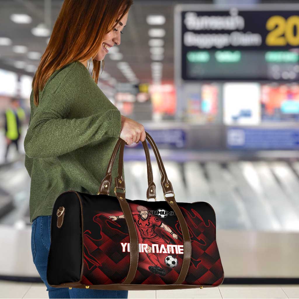 Personalized Sukuna Jujutsu Kaisen Soccer Theme Travel Bag with Powerful Kick Pose and Red Black Plaid Graphic Design - The Mazicc