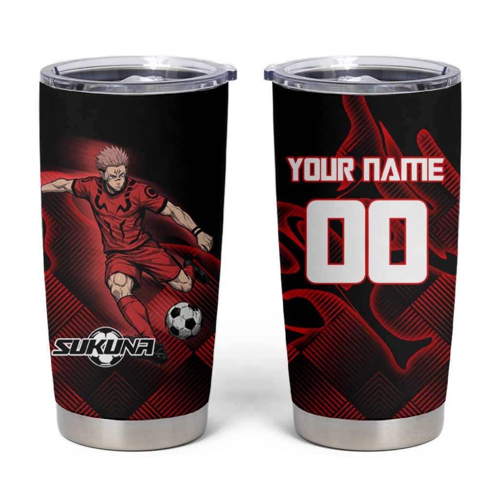 Personalized Sukuna Jujutsu Kaisen Soccer Theme Tumbler Cup with Powerful Kick Pose and Red Black Plaid Graphic Design - The Mazicc