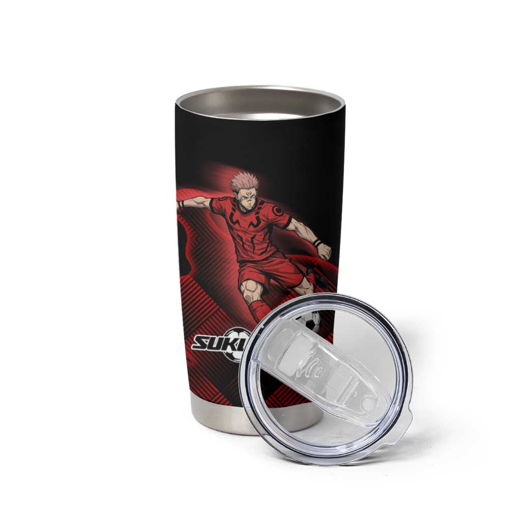 Personalized Sukuna Jujutsu Kaisen Soccer Theme Tumbler Cup with Powerful Kick Pose and Red Black Plaid Graphic Design - The Mazicc
