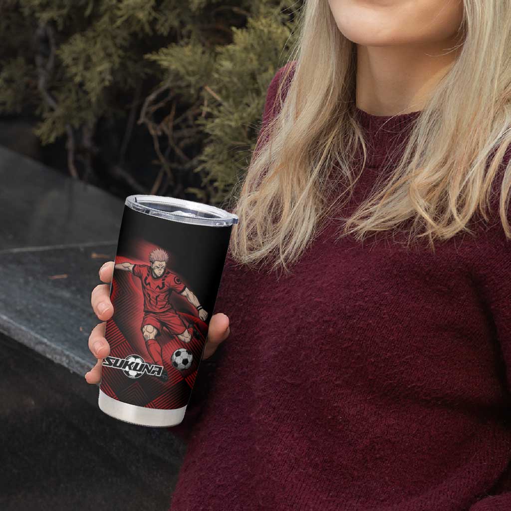 Personalized Sukuna Jujutsu Kaisen Soccer Theme Tumbler Cup with Powerful Kick Pose and Red Black Plaid Graphic Design - The Mazicc