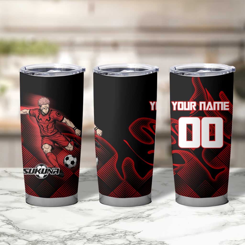 Personalized Sukuna Jujutsu Kaisen Soccer Theme Tumbler Cup with Powerful Kick Pose and Red Black Plaid Graphic Design - The Mazicc