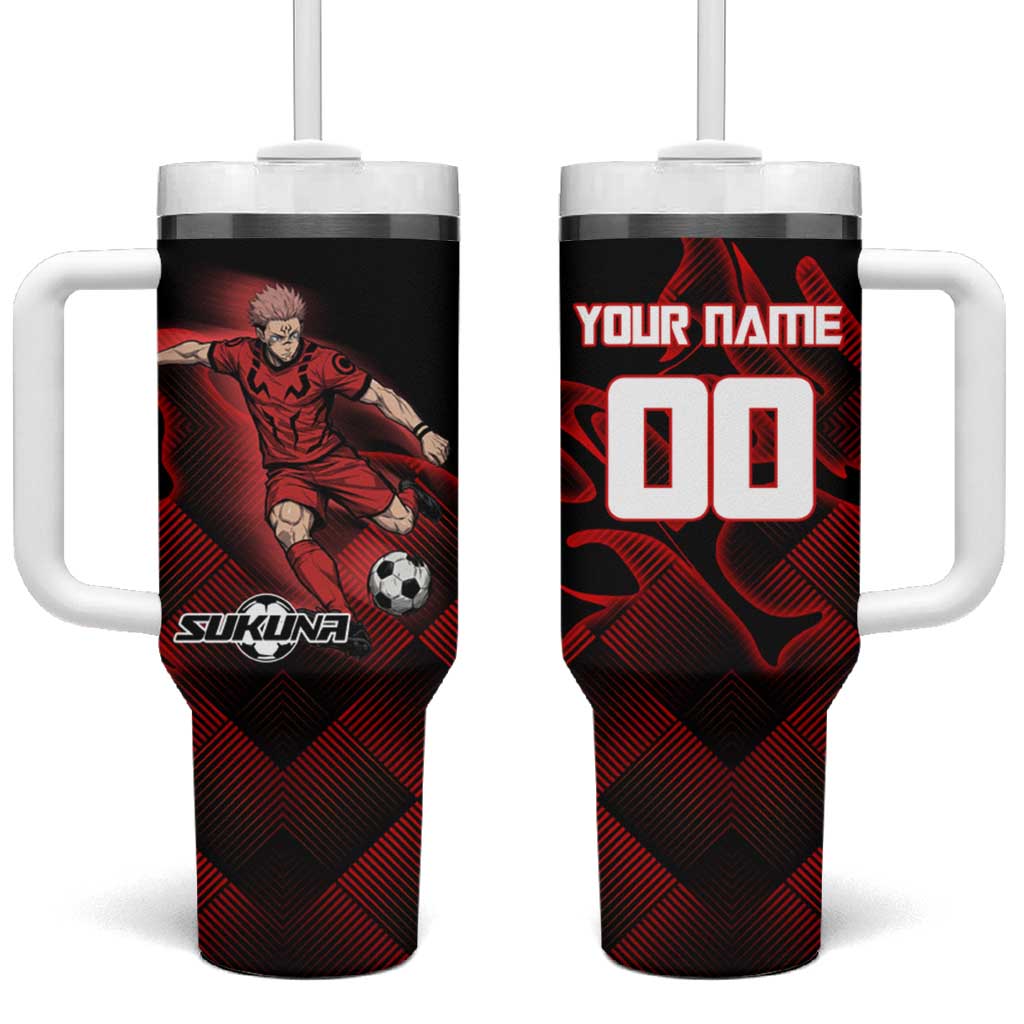 Personalized Sukuna Jujutsu Kaisen Soccer Theme Tumbler With Handle with Powerful Kick Pose and Red Black Plaid Graphic Design - The Mazicc