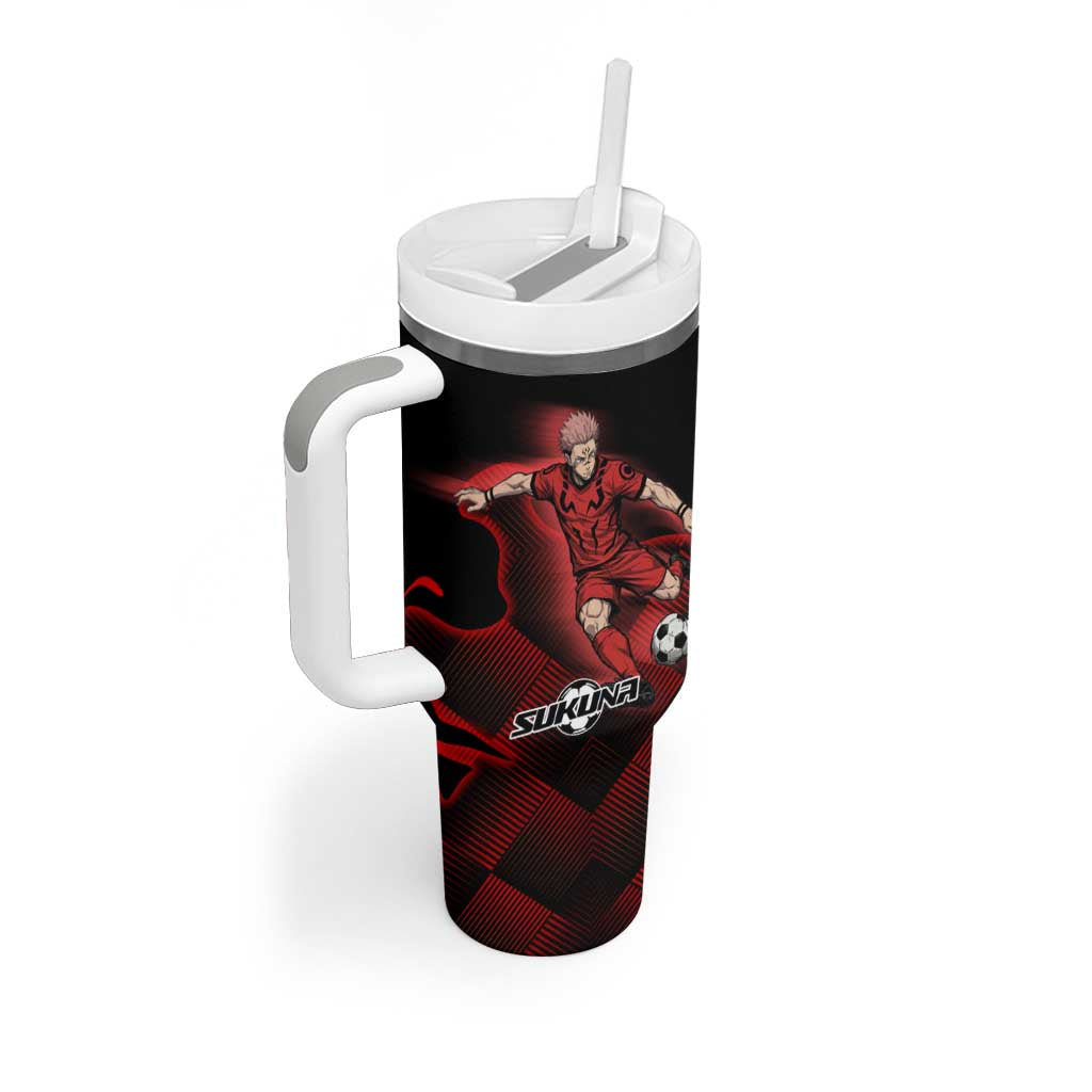 Personalized Sukuna Jujutsu Kaisen Soccer Theme Tumbler With Handle with Powerful Kick Pose and Red Black Plaid Graphic Design - The Mazicc