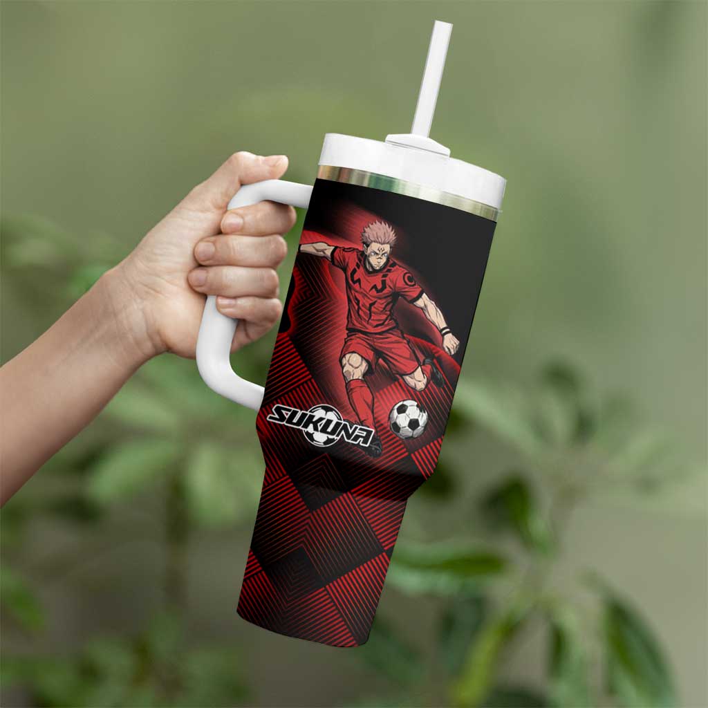 Personalized Sukuna Jujutsu Kaisen Soccer Theme Tumbler With Handle with Powerful Kick Pose and Red Black Plaid Graphic Design - The Mazicc