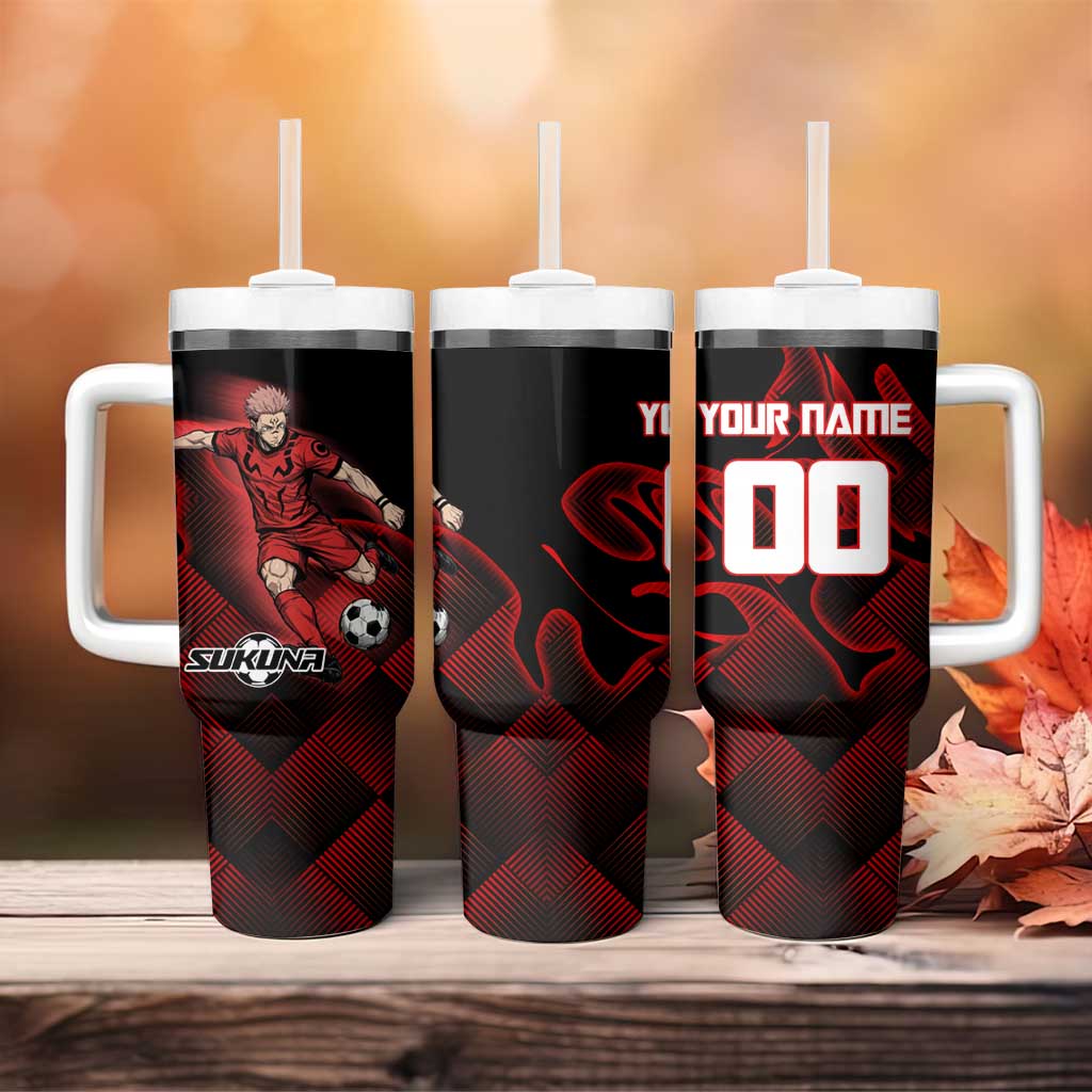 Personalized Sukuna Jujutsu Kaisen Soccer Theme Tumbler With Handle with Powerful Kick Pose and Red Black Plaid Graphic Design - The Mazicc