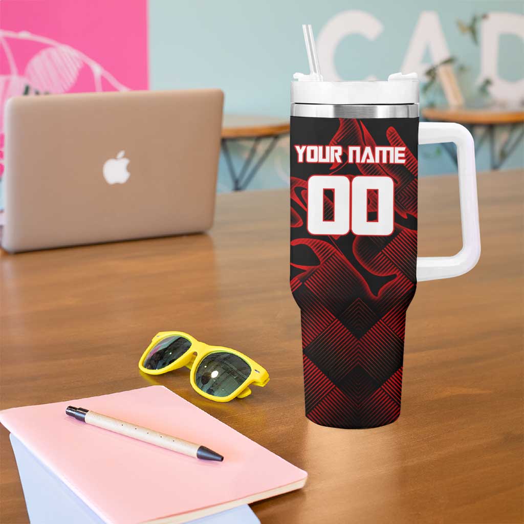 Personalized Sukuna Jujutsu Kaisen Soccer Theme Tumbler With Handle with Powerful Kick Pose and Red Black Plaid Graphic Design - The Mazicc