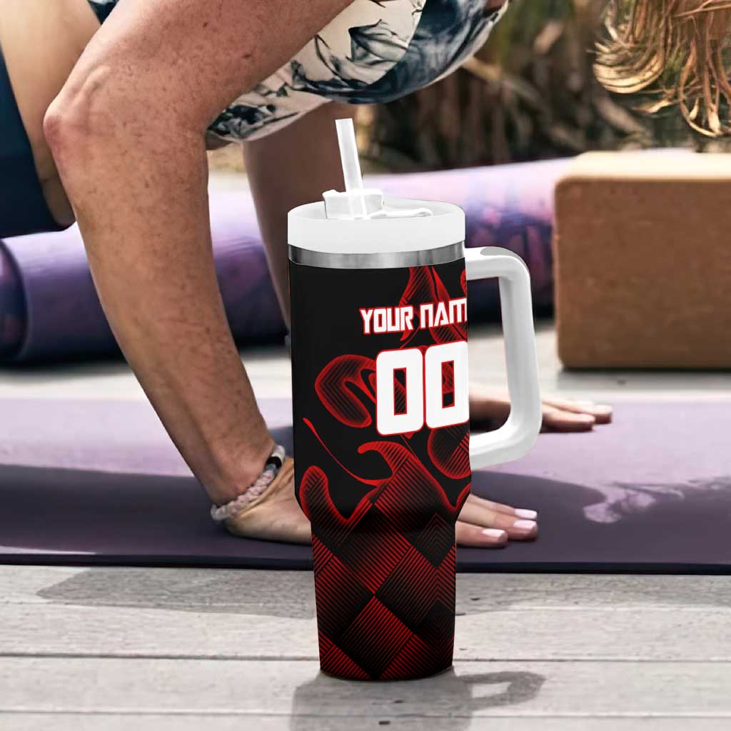 Personalized Sukuna Jujutsu Kaisen Soccer Theme Tumbler With Handle with Powerful Kick Pose and Red Black Plaid Graphic Design - The Mazicc