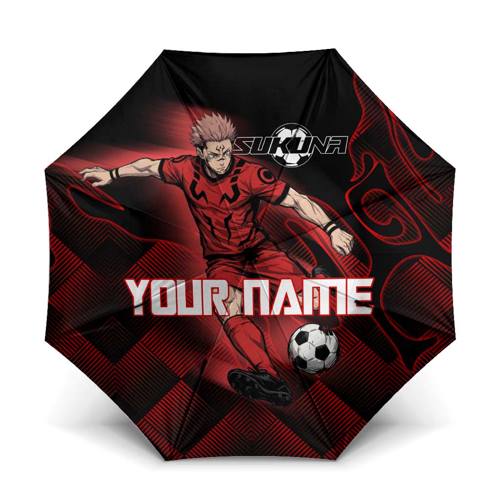 Personalized Sukuna Jujutsu Kaisen Soccer Theme Umbrella with Powerful Kick Pose and Red Black Plaid Graphic Design - The Mazicc
