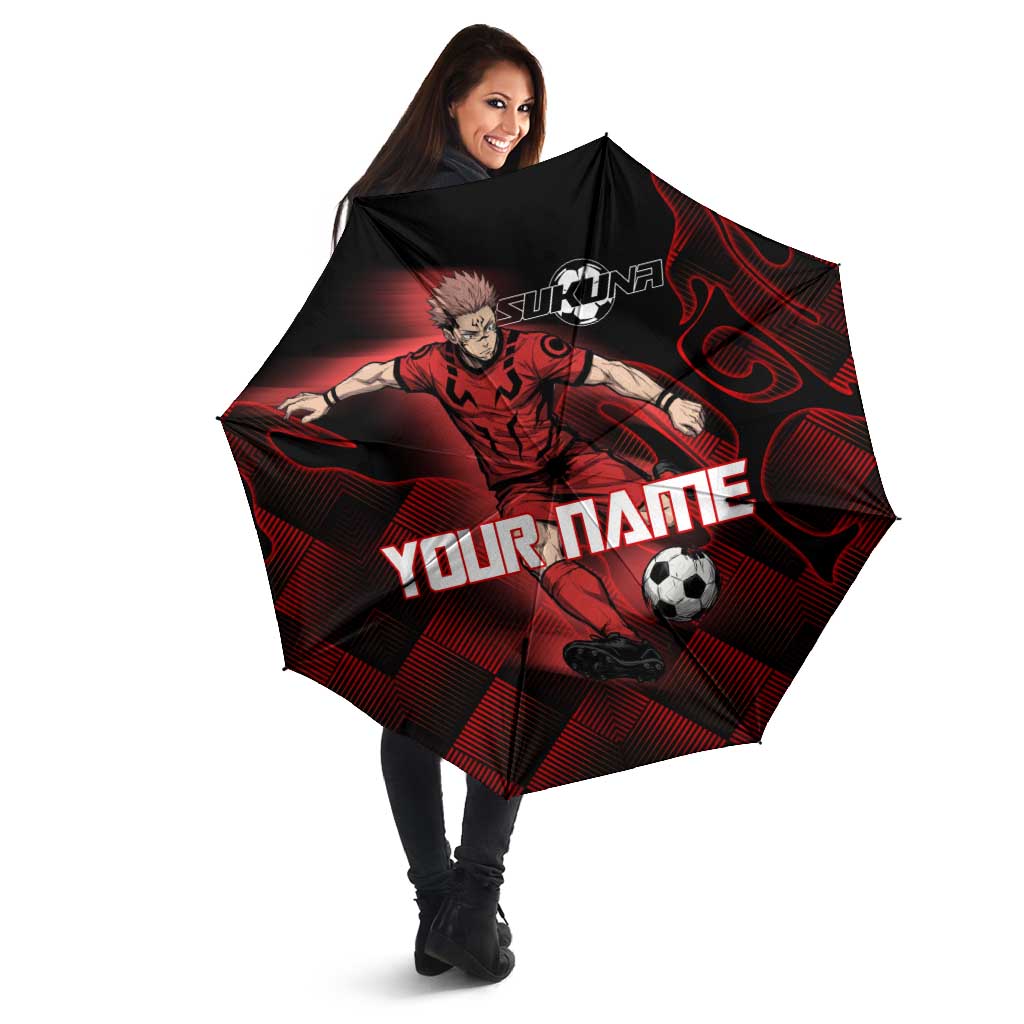 Personalized Sukuna Jujutsu Kaisen Soccer Theme Umbrella with Powerful Kick Pose and Red Black Plaid Graphic Design - The Mazicc