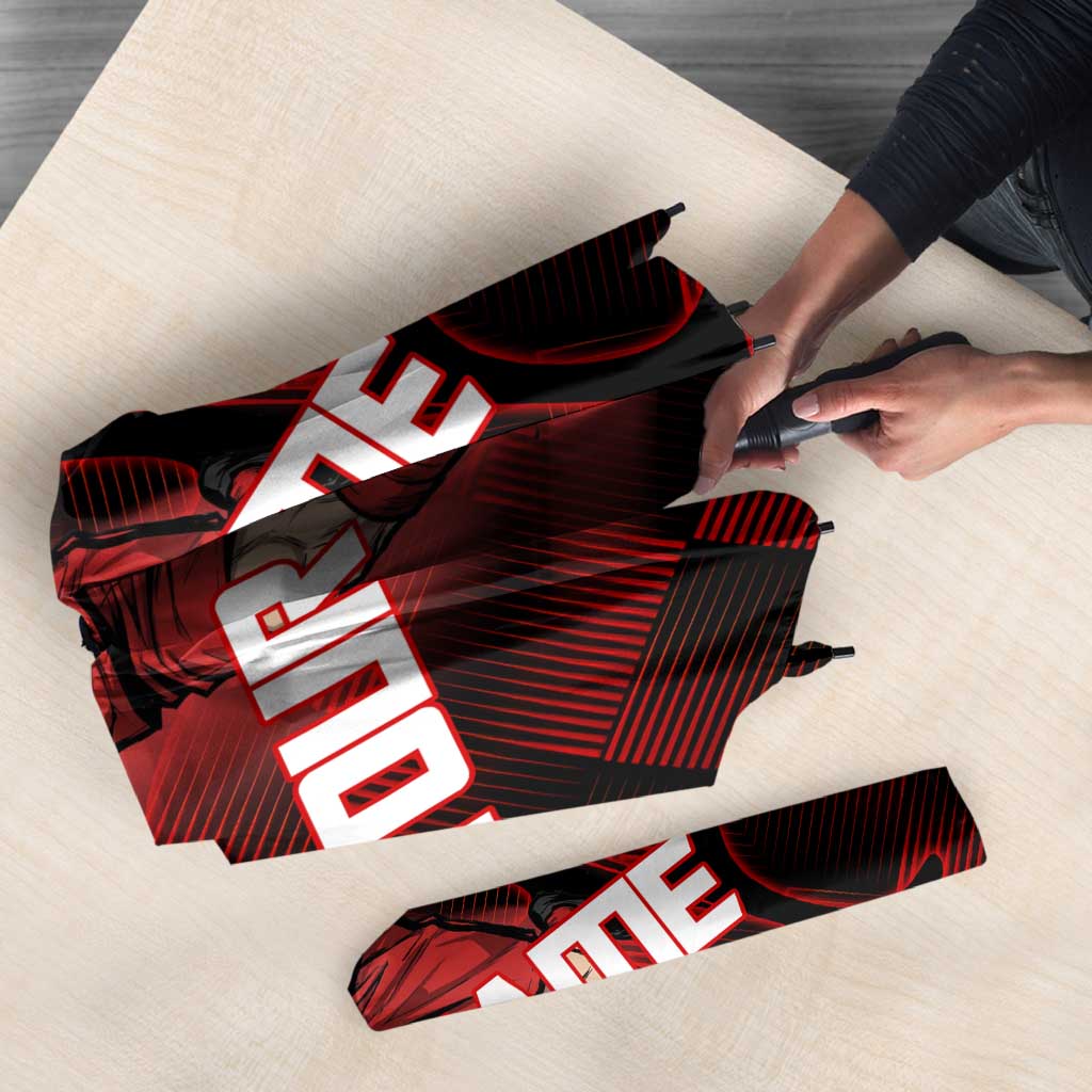 Personalized Sukuna Jujutsu Kaisen Soccer Theme Umbrella with Powerful Kick Pose and Red Black Plaid Graphic Design - The Mazicc