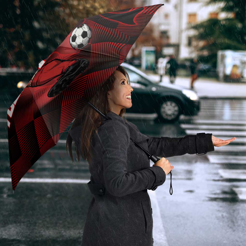 Personalized Sukuna Jujutsu Kaisen Soccer Theme Umbrella with Powerful Kick Pose and Red Black Plaid Graphic Design - The Mazicc