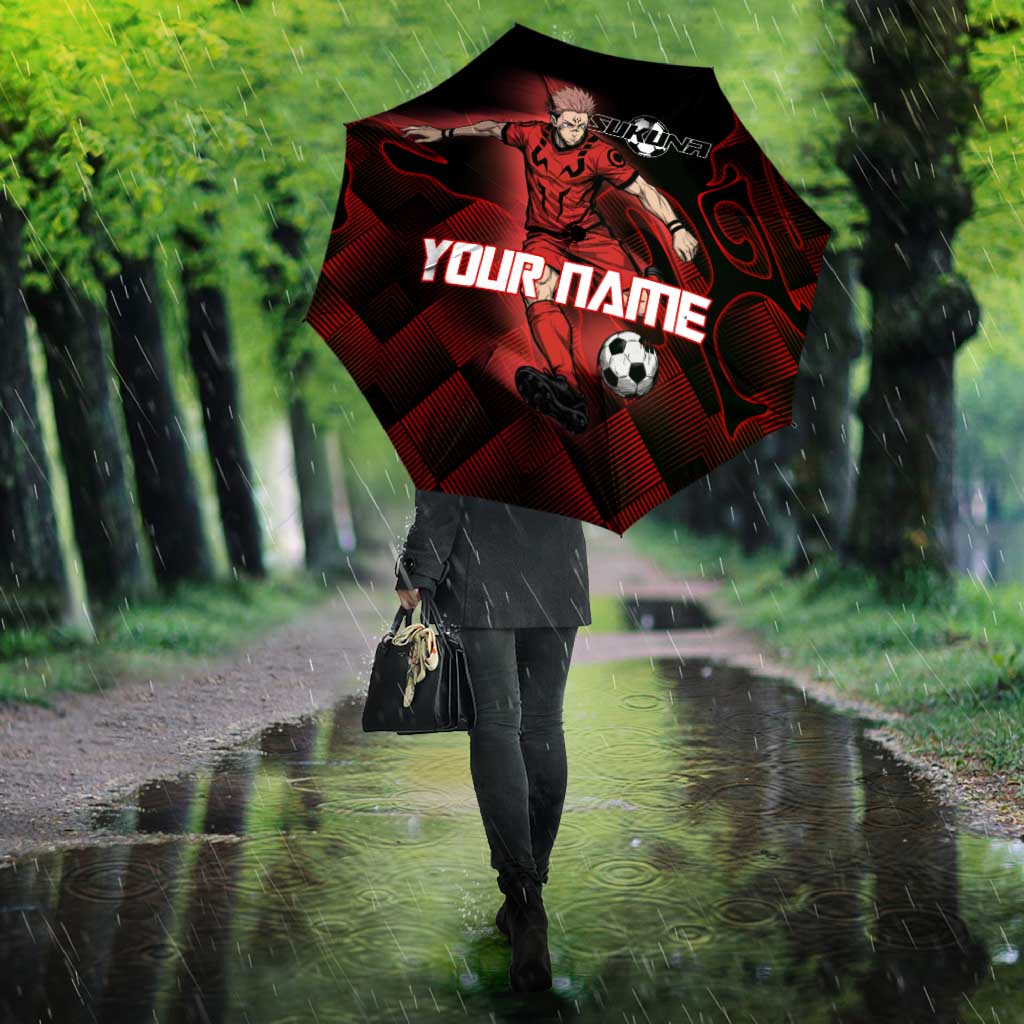 Personalized Sukuna Jujutsu Kaisen Soccer Theme Umbrella with Powerful Kick Pose and Red Black Plaid Graphic Design - The Mazicc