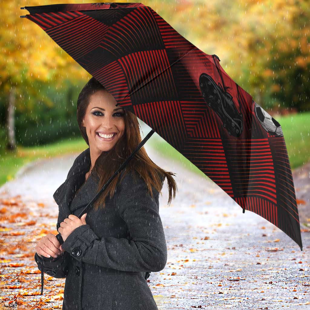 Personalized Sukuna Jujutsu Kaisen Soccer Theme Umbrella with Powerful Kick Pose and Red Black Plaid Graphic Design - The Mazicc