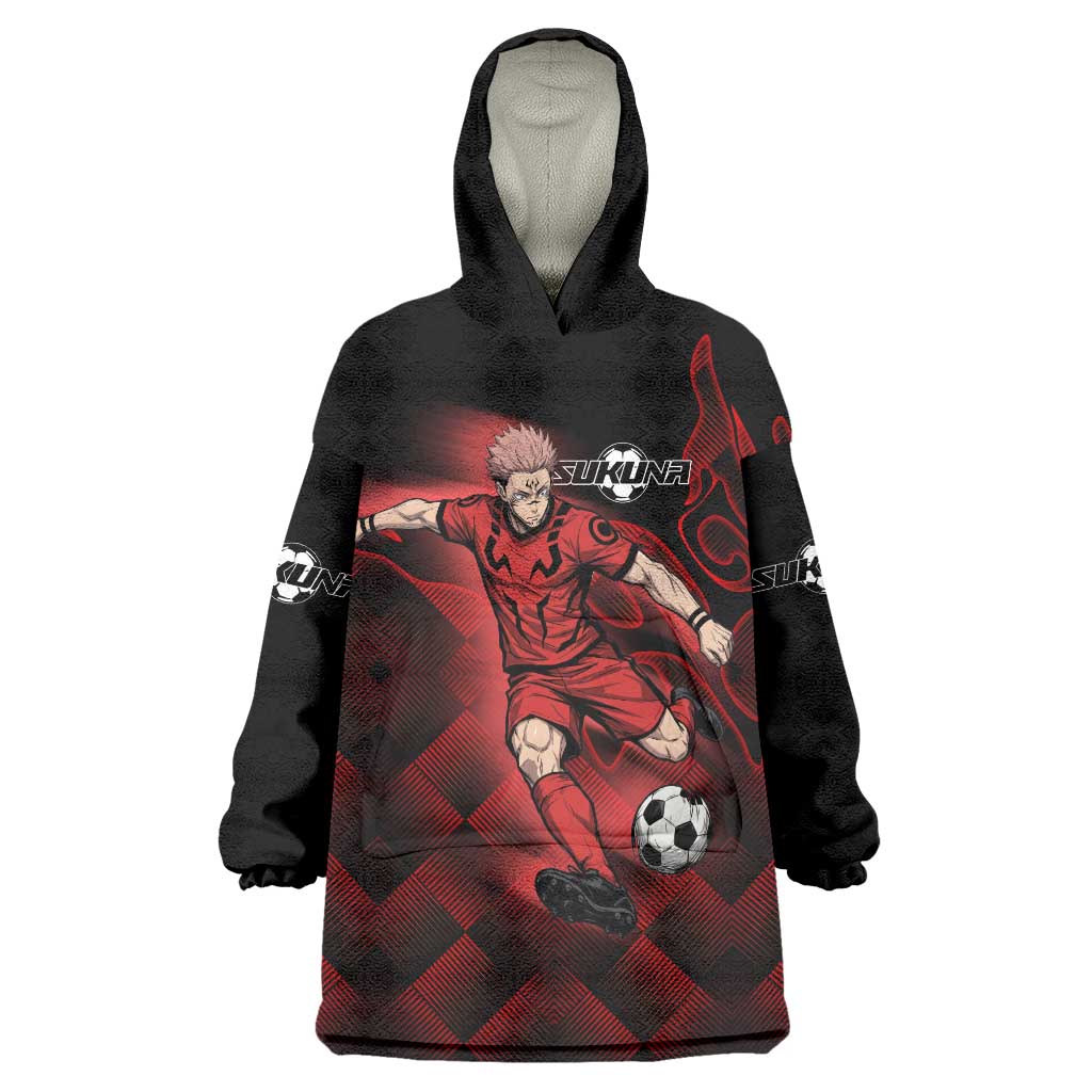 Personalized Sukuna Jujutsu Kaisen Soccer Theme Wearable Blanket Hoodie with Powerful Kick Pose and Red Black Plaid Graphic Design - The Mazicc