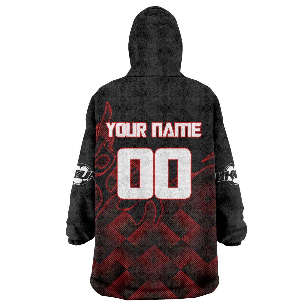 Personalized Sukuna Jujutsu Kaisen Soccer Theme Wearable Blanket Hoodie with Powerful Kick Pose and Red Black Plaid Graphic Design - The Mazicc