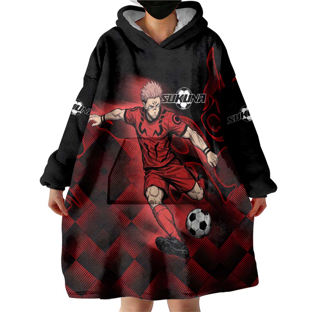 Personalized Sukuna Jujutsu Kaisen Soccer Theme Wearable Blanket Hoodie with Powerful Kick Pose and Red Black Plaid Graphic Design - The Mazicc