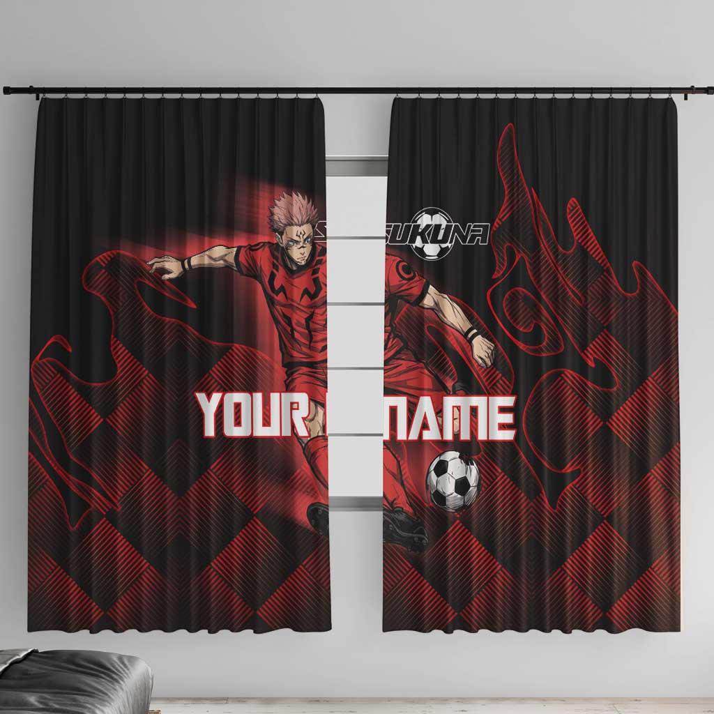 Personalized Sukuna Jujutsu Kaisen Soccer Theme Window Curtain with Powerful Kick Pose and Red Black Plaid Graphic Design - The Mazicc