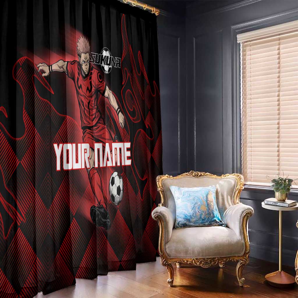 Personalized Sukuna Jujutsu Kaisen Soccer Theme Window Curtain with Powerful Kick Pose and Red Black Plaid Graphic Design - The Mazicc