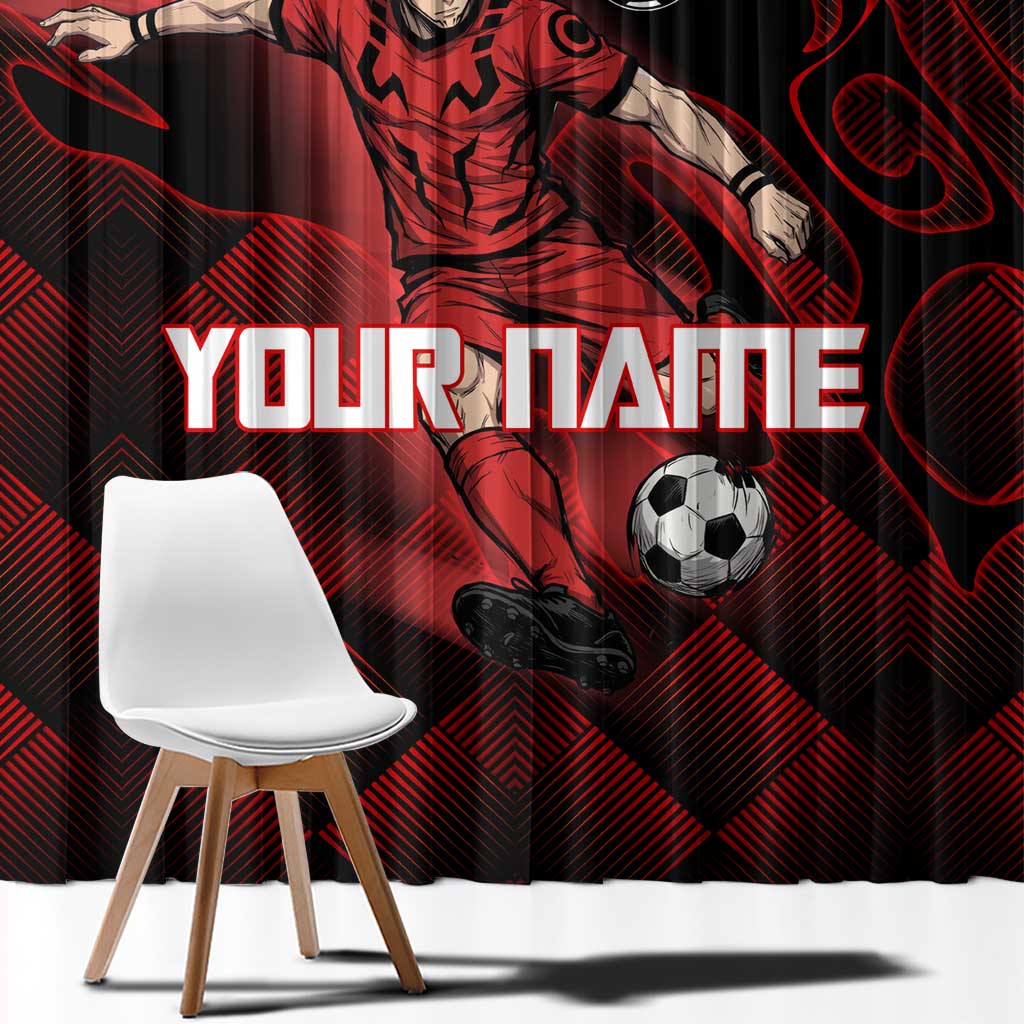 Personalized Sukuna Jujutsu Kaisen Soccer Theme Window Curtain with Powerful Kick Pose and Red Black Plaid Graphic Design - The Mazicc
