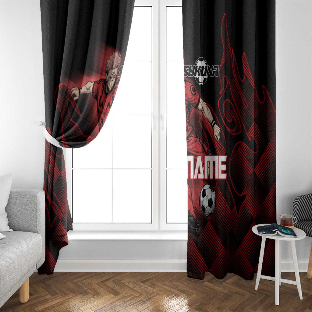 Personalized Sukuna Jujutsu Kaisen Soccer Theme Window Curtain with Powerful Kick Pose and Red Black Plaid Graphic Design - The Mazicc