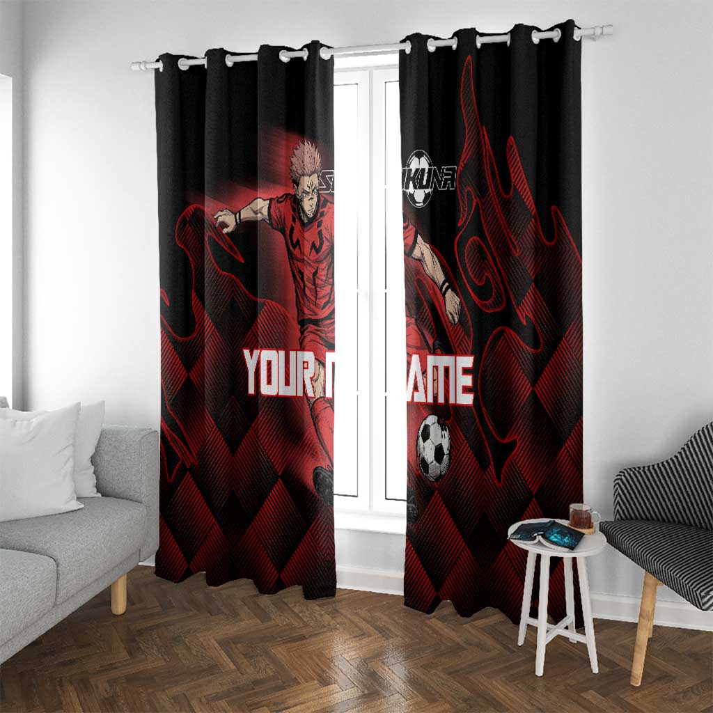 Personalized Sukuna Jujutsu Kaisen Soccer Theme Window Curtain with Powerful Kick Pose and Red Black Plaid Graphic Design - The Mazicc