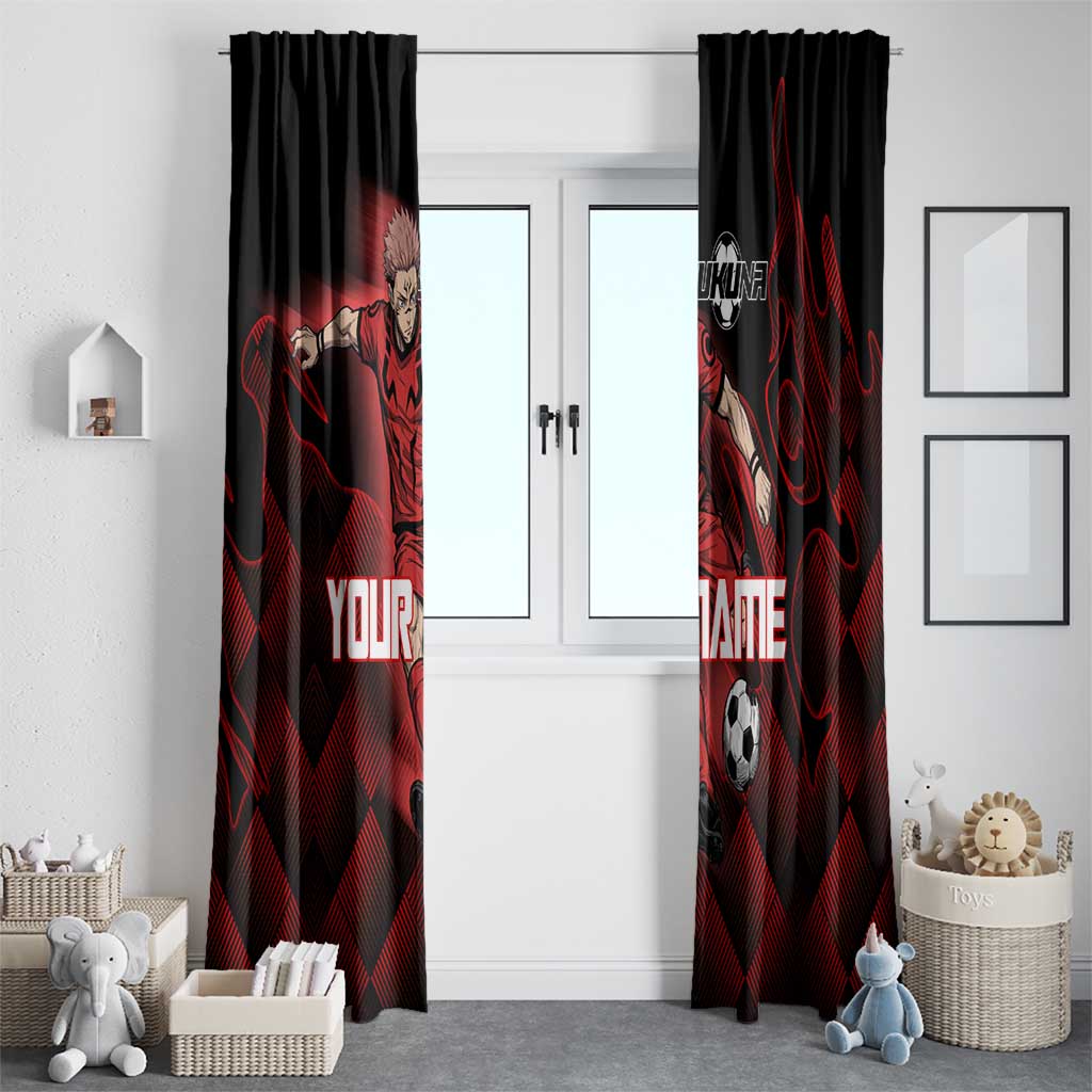 Personalized Sukuna Jujutsu Kaisen Soccer Theme Window Curtain with Powerful Kick Pose and Red Black Plaid Graphic Design - The Mazicc