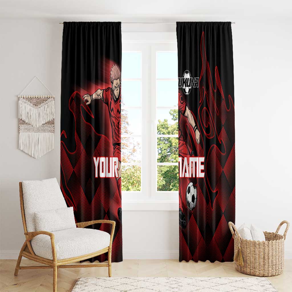 Personalized Sukuna Jujutsu Kaisen Soccer Theme Window Curtain with Powerful Kick Pose and Red Black Plaid Graphic Design - The Mazicc