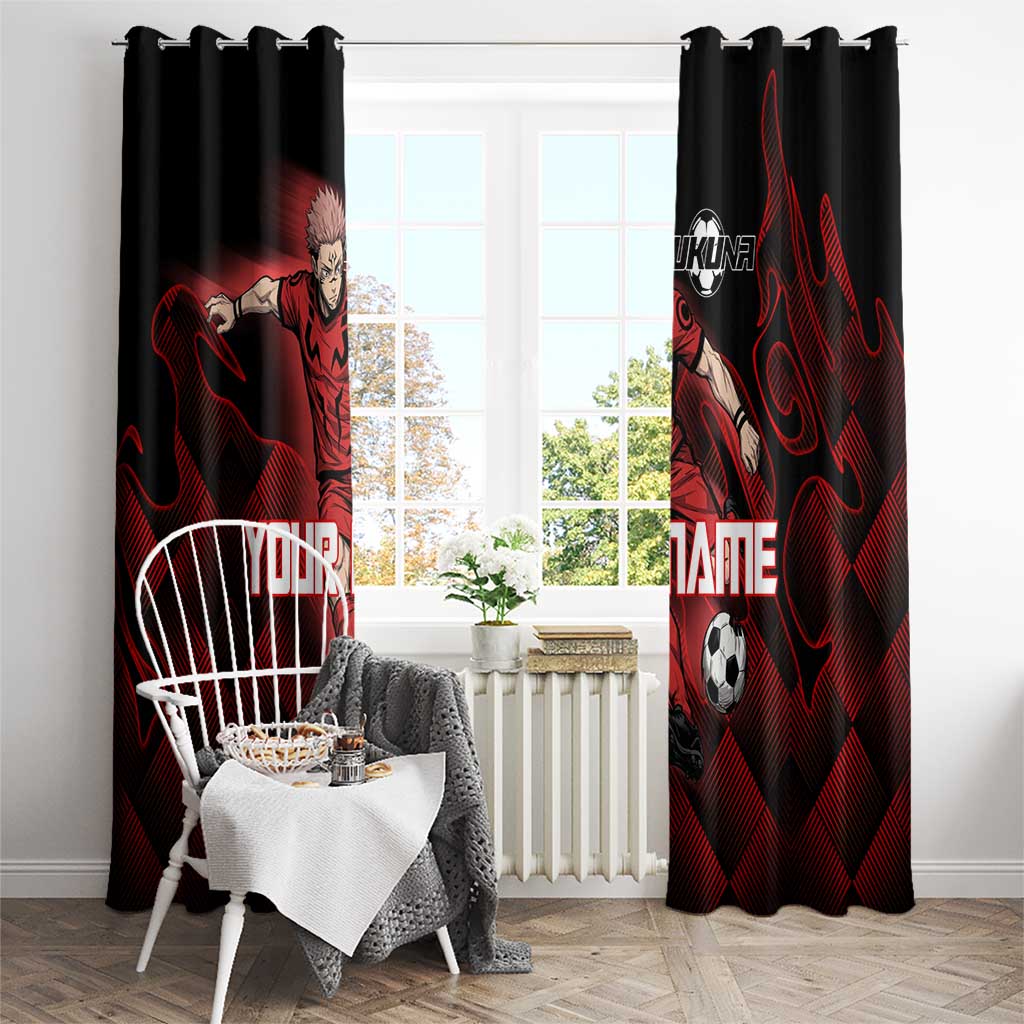 Personalized Sukuna Jujutsu Kaisen Soccer Theme Window Curtain with Powerful Kick Pose and Red Black Plaid Graphic Design - The Mazicc
