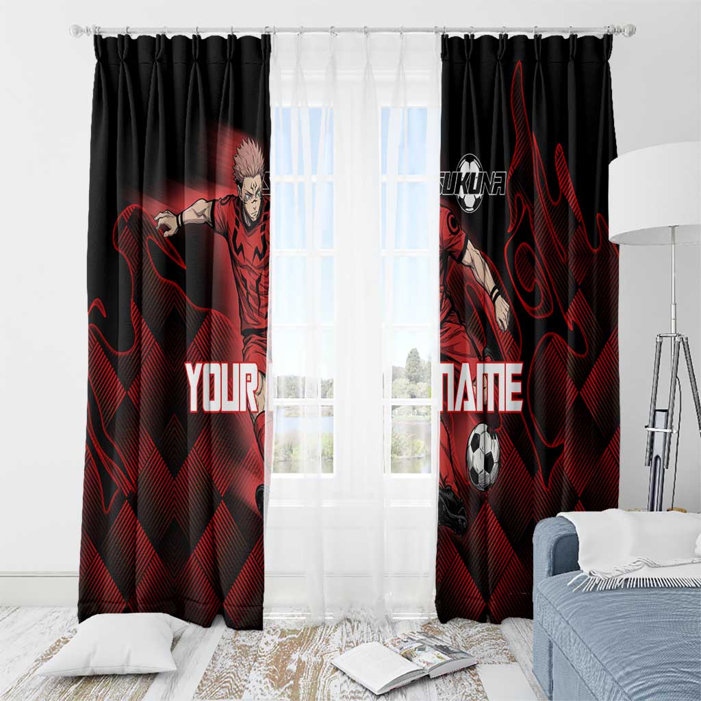 Personalized Sukuna Jujutsu Kaisen Soccer Theme Window Curtain with Powerful Kick Pose and Red Black Plaid Graphic Design - The Mazicc
