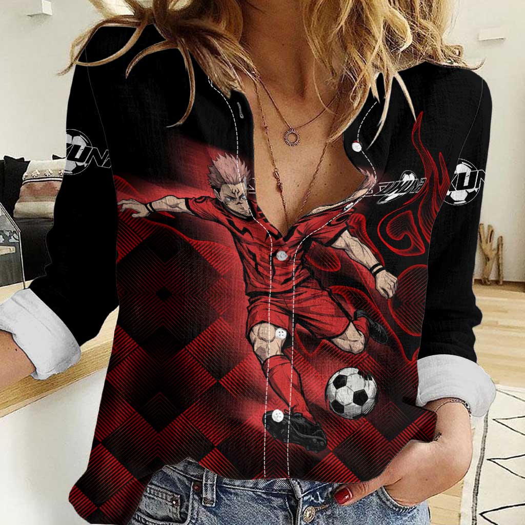Personalized Sukuna Jujutsu Kaisen Soccer Theme Women Casual Shirt with Powerful Kick Pose and Red Black Plaid Graphic Design - The Mazicc