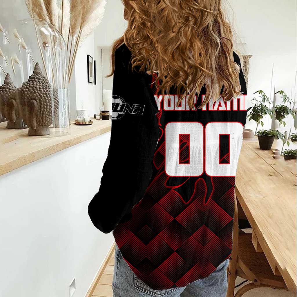 Personalized Sukuna Jujutsu Kaisen Soccer Theme Women Casual Shirt with Powerful Kick Pose and Red Black Plaid Graphic Design - The Mazicc