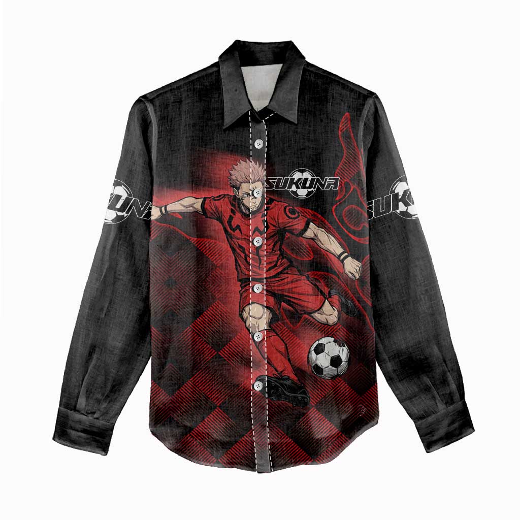Personalized Sukuna Jujutsu Kaisen Soccer Theme Women Casual Shirt with Powerful Kick Pose and Red Black Plaid Graphic Design - The Mazicc