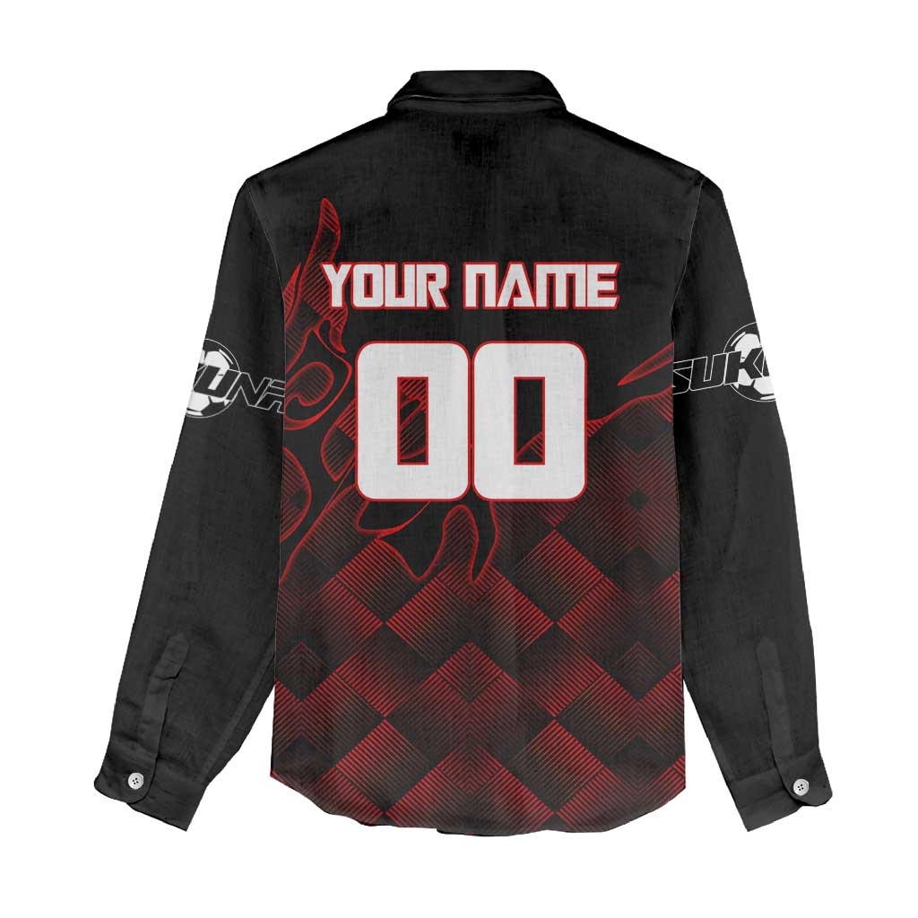 Personalized Sukuna Jujutsu Kaisen Soccer Theme Women Casual Shirt with Powerful Kick Pose and Red Black Plaid Graphic Design - The Mazicc