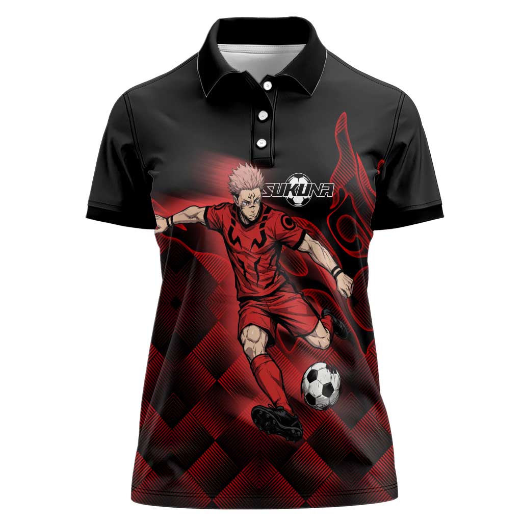 Personalized Sukuna Jujutsu Kaisen Soccer Theme Women Polo Shirt with Powerful Kick Pose and Red Black Plaid Graphic Design - The Mazicc