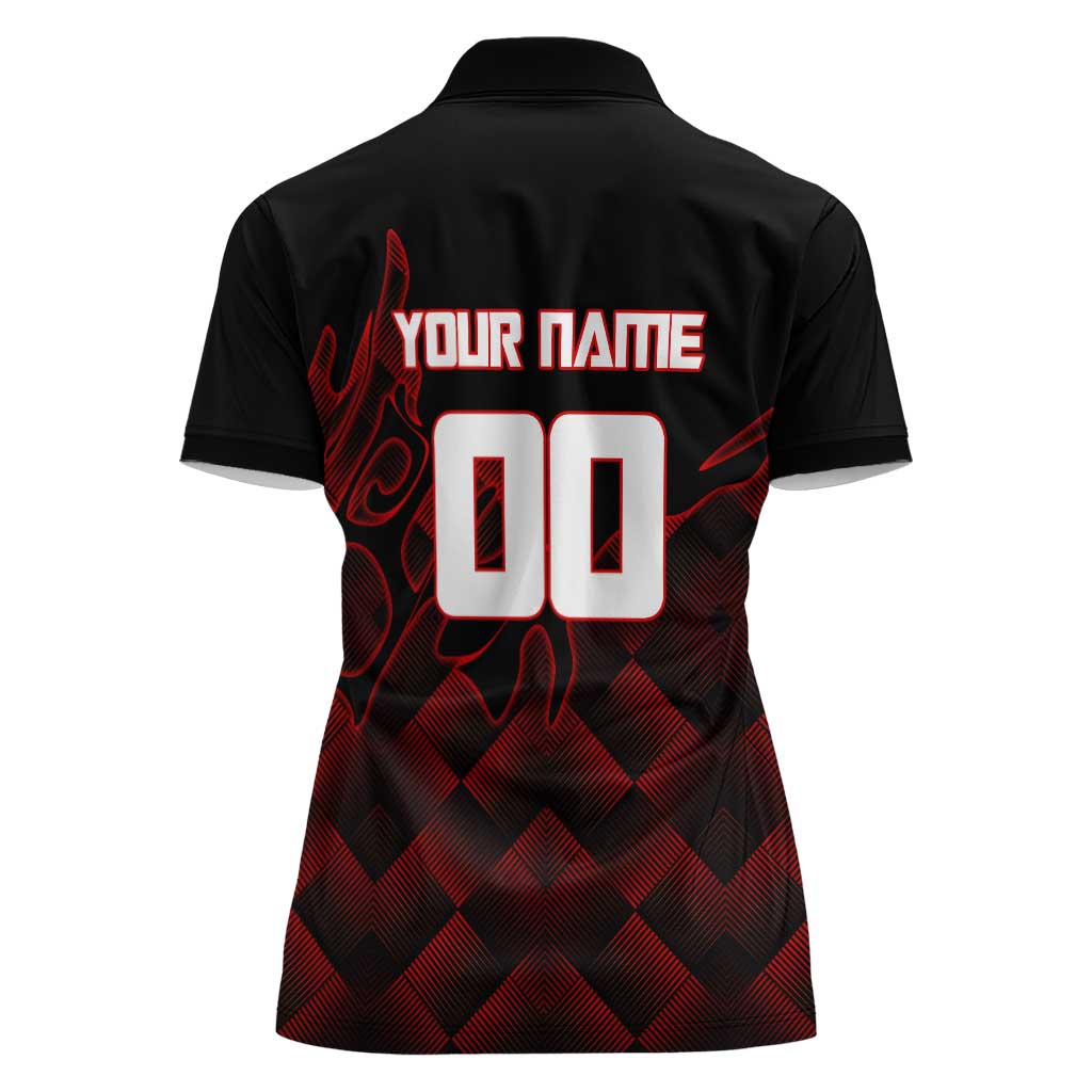Personalized Sukuna Jujutsu Kaisen Soccer Theme Women Polo Shirt with Powerful Kick Pose and Red Black Plaid Graphic Design - The Mazicc