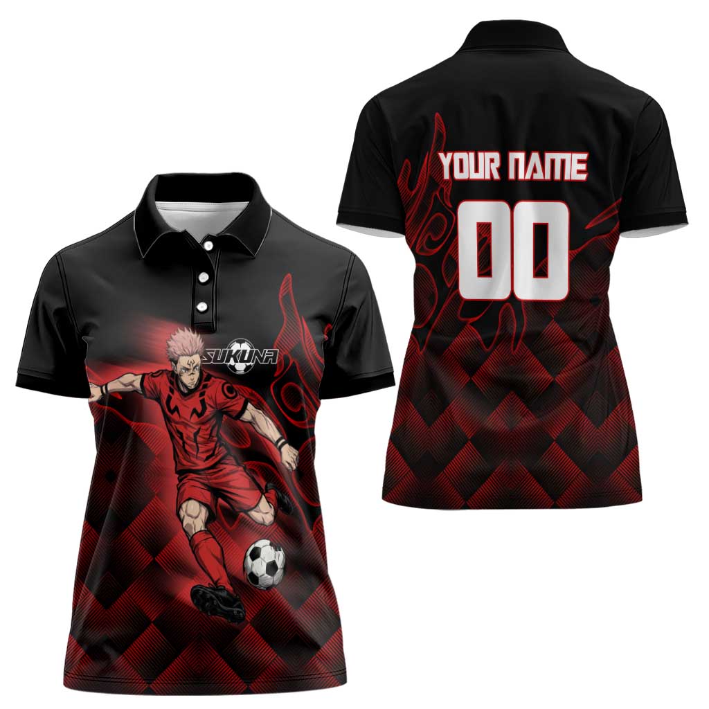 Personalized Sukuna Jujutsu Kaisen Soccer Theme Women Polo Shirt with Powerful Kick Pose and Red Black Plaid Graphic Design - The Mazicc