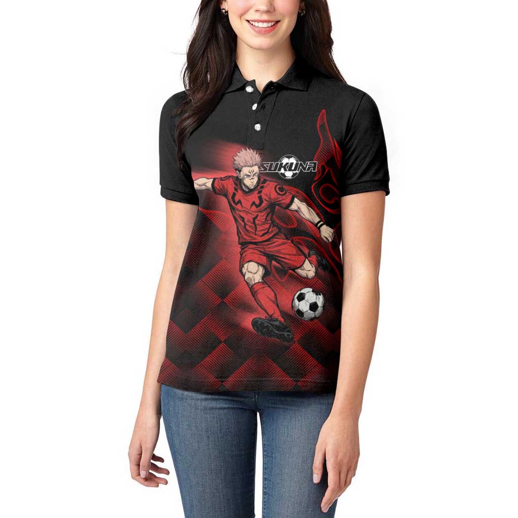 Personalized Sukuna Jujutsu Kaisen Soccer Theme Women Polo Shirt with Powerful Kick Pose and Red Black Plaid Graphic Design - The Mazicc